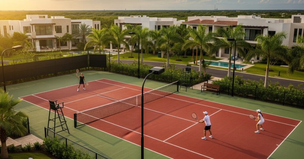 Escena de lujo de personas jugando tenis en un complejo residencial exclusivo en Mérida, Yucatán. La imagen representa el estilo de vida activo y de alto nivel en la comunidad de San Ramón Norte.