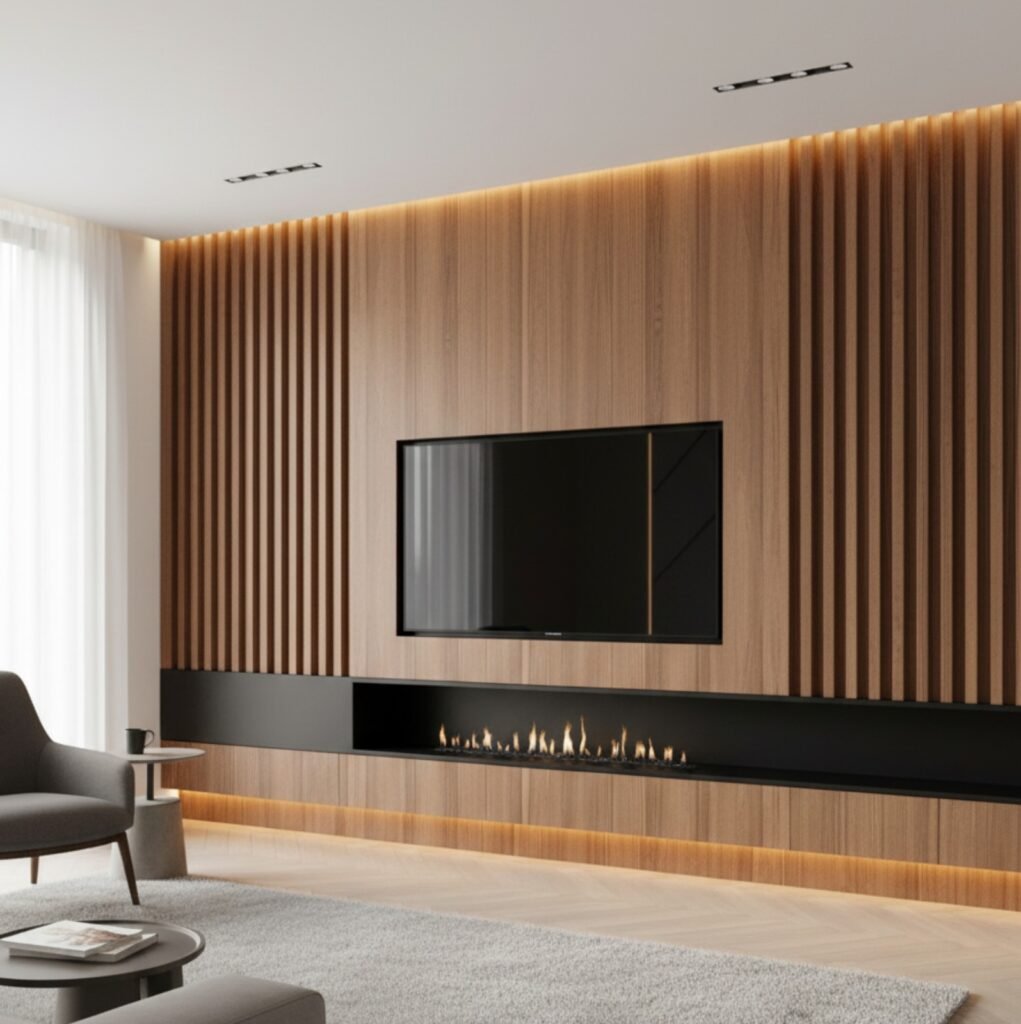 Elegante sala de estar moderna con pared de lambrín coextruido de madera clara, chimenea integrada y televisión. Refleja un diseño duradero y de bajo mantenimiento para un espacio interior de alto valor.