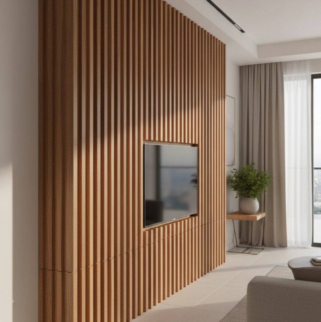 Interior de sala de lujo con lambrín coextruido de madera oscura. Representa la durabilidad, el bajo mantenimiento y el diseño de alto valor para una inversión inteligente en el hogar.