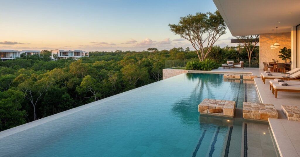 Espectacular piscina infinita de una residencia de lujo en San Ramón Norte, Mérida. Representa el diseño moderno y la conexión con la naturaleza en una de las zonas más exclusivas de Yucatán.